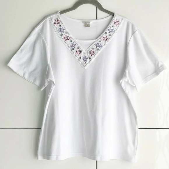 Christopher & Banks Embroidered T Shirt XL V Neck Pearls Sequins USA Olympics - Picture 1 of 7